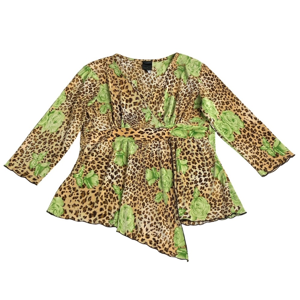Vintage Y2K JTB Top Womens M Leopard Rose Pleated Faux Wrap Handkerchief Hem